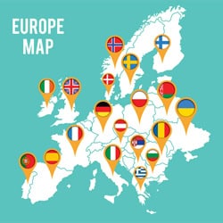 Europe man with flags as pins